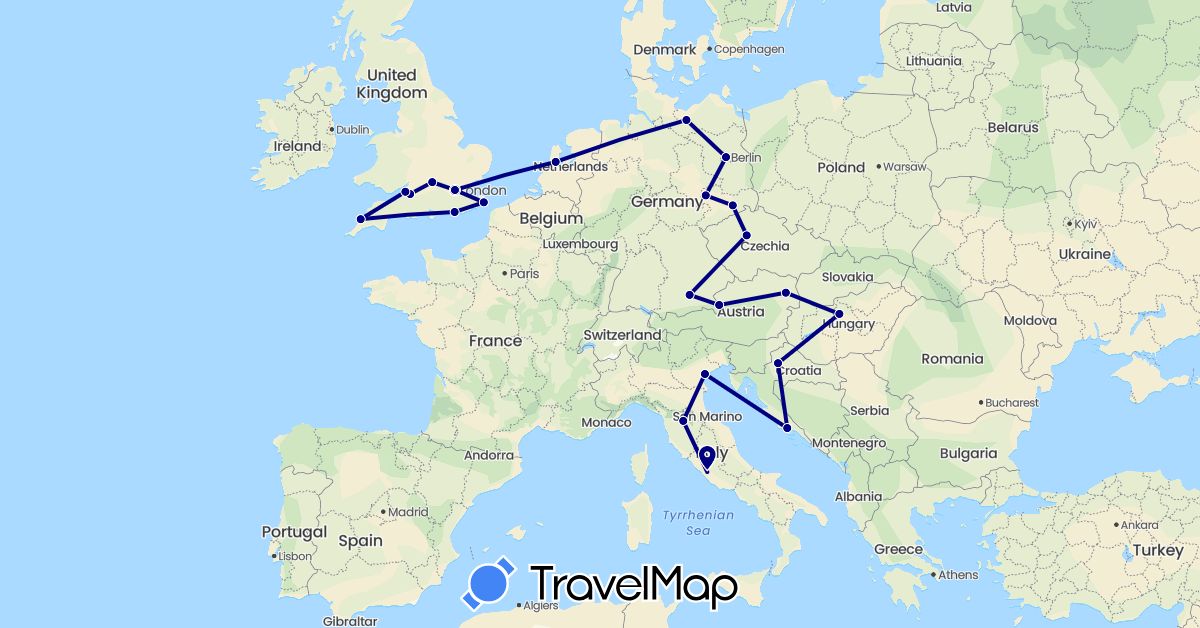 TravelMap itinerary: driving in Austria, Czech Republic, Germany, United Kingdom, Croatia, Hungary, Italy, Netherlands, Vatican City (Europe)